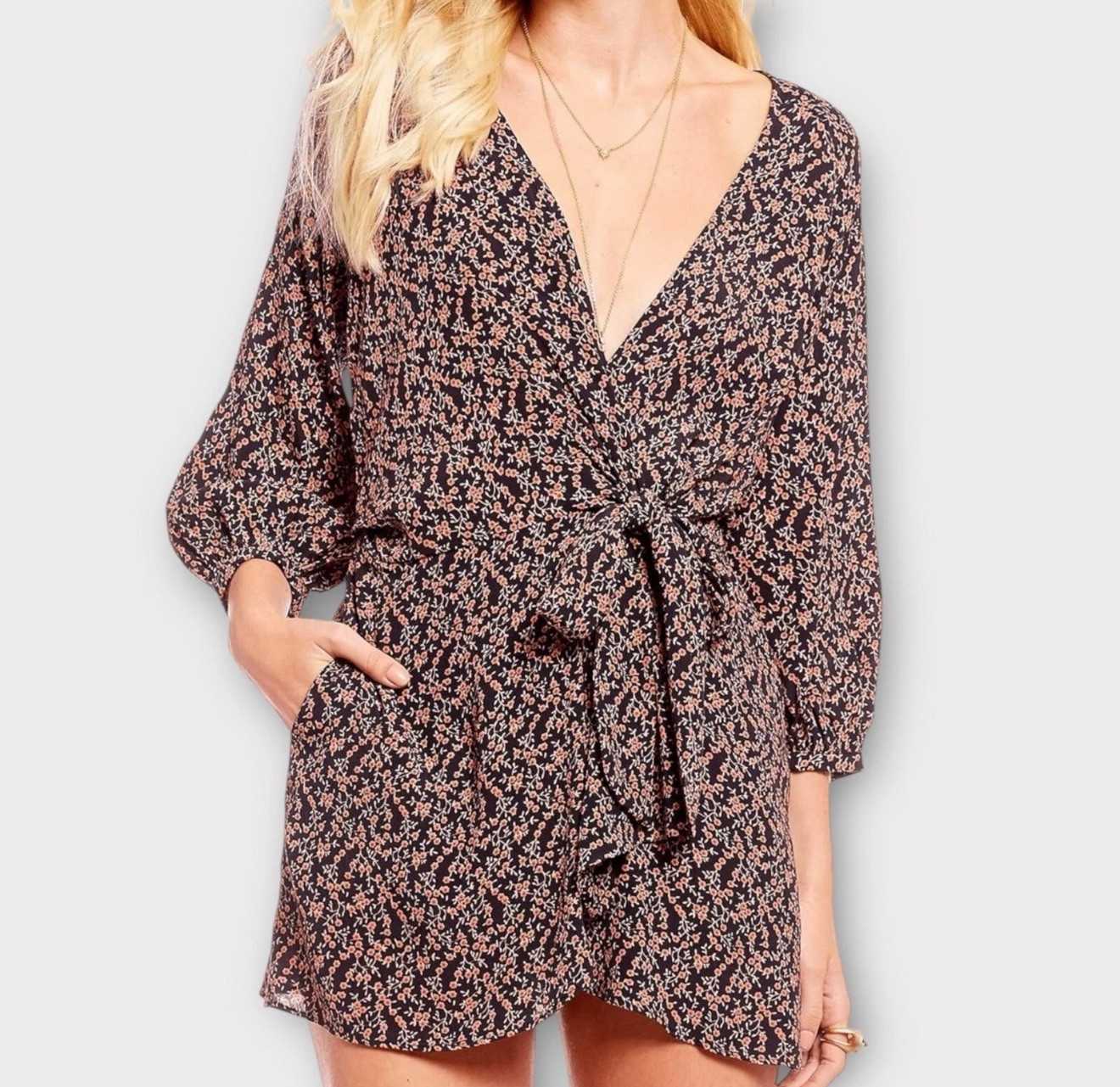 Free People Medium Clara Black Floral Ditsy Print Mini Tunic Dress Boho
