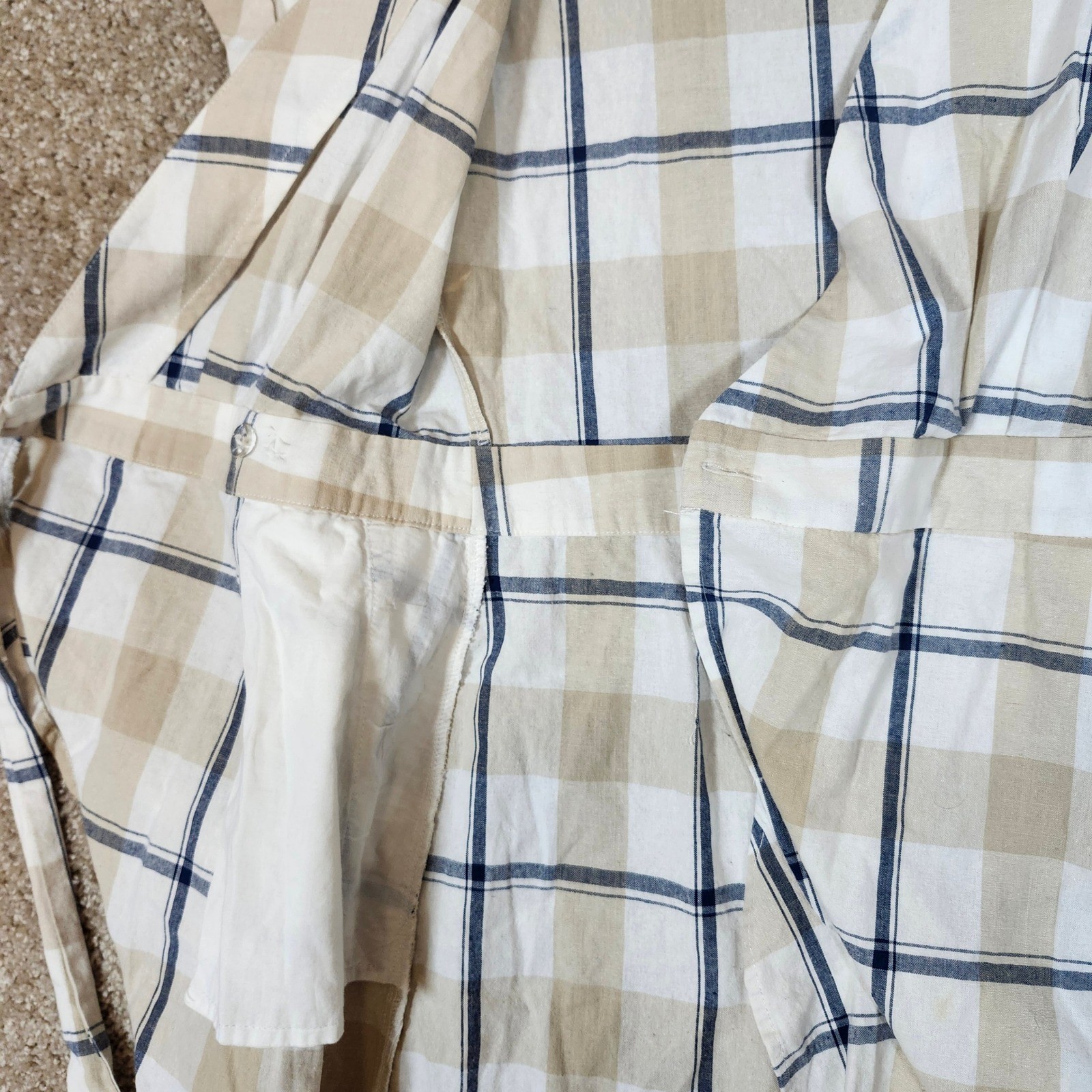 JOA Wrap Dress Tan Navy Blue Plaid Ruffle Hem Preppy Size M