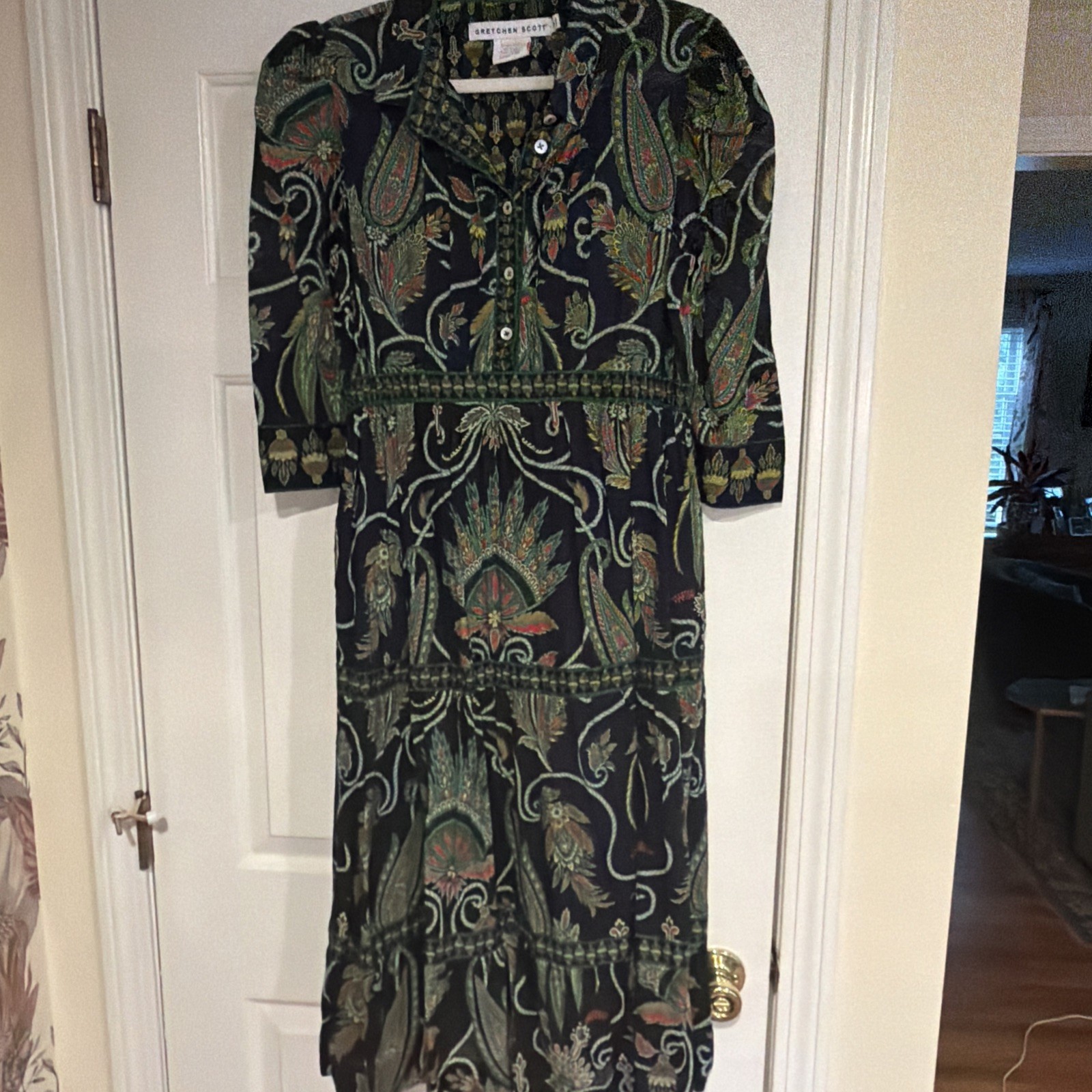 Gretchen Scott Everywhere Dress Navy Plume Damsel Paisley Print Size Medium