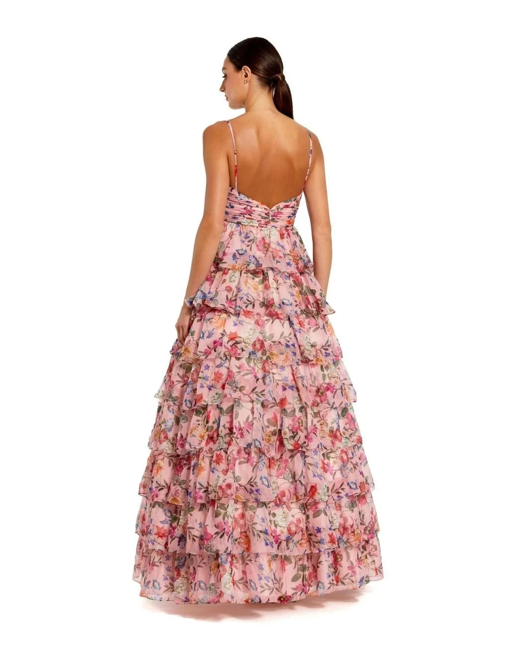 Mac Duggal Pink Multi Floral Cut Out Ruffle Layered Gown Size 6 $398