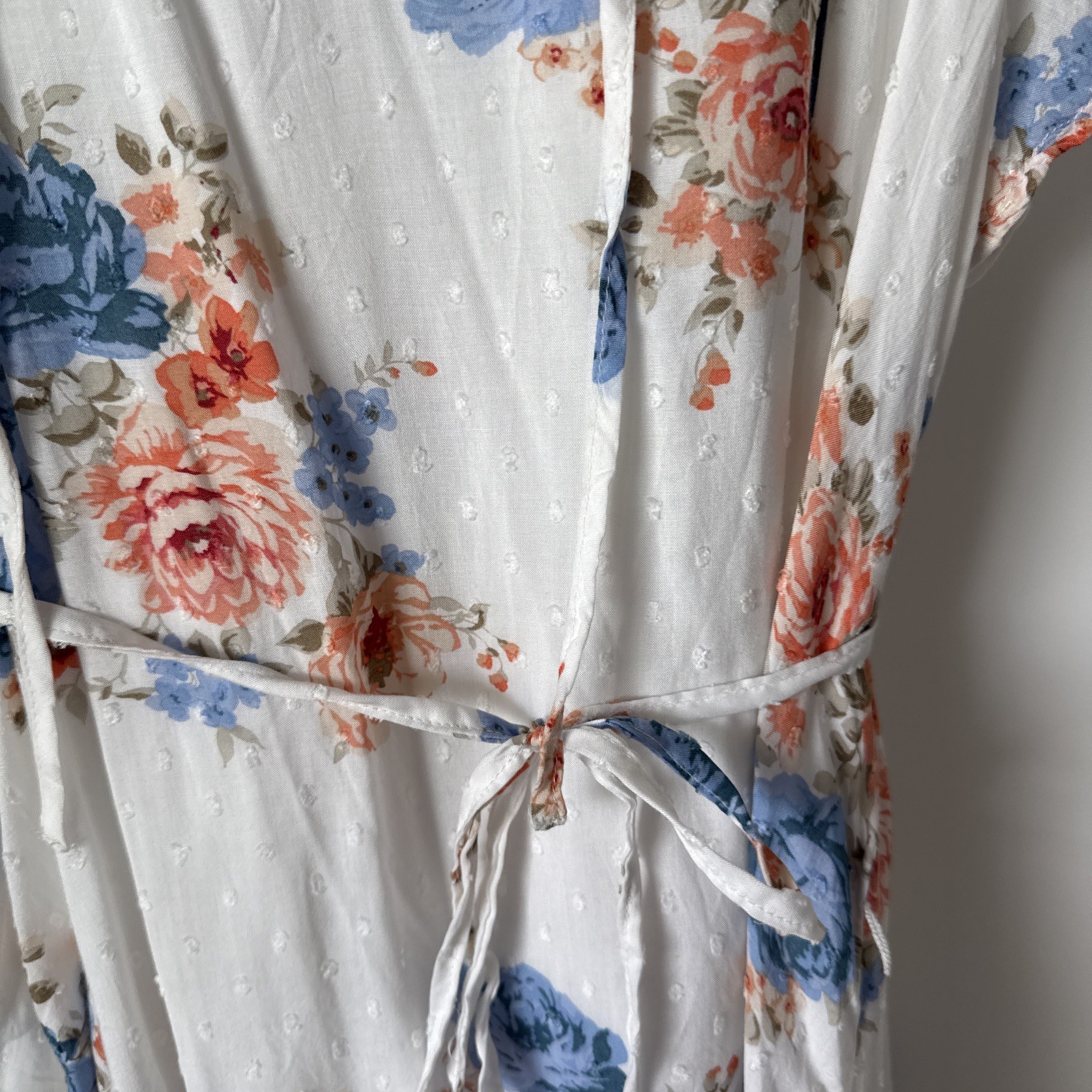 LOFT – White Floral Dress – XL – Lined – Orange and Blue Floral – Drawstring Ned