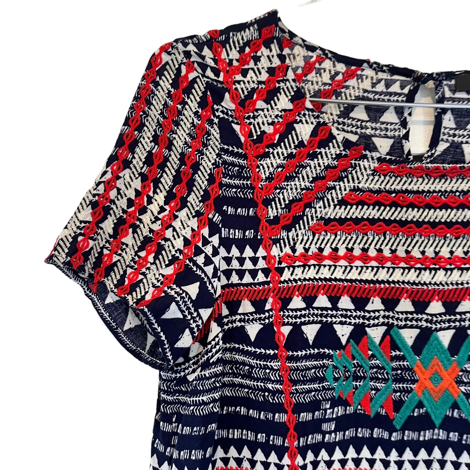 THML Navy, White, Red, Green Mixed Print & Embroidered Knee Length Dress S