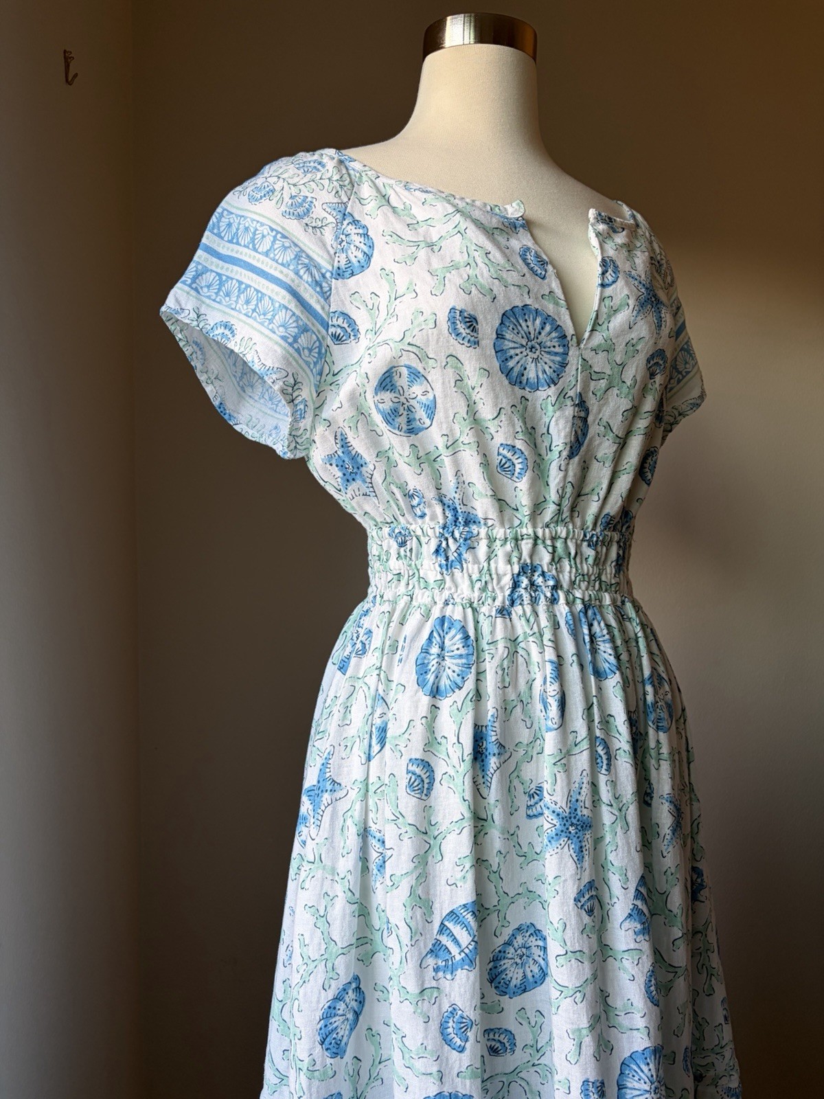 Laura Ashley Sea Print Linen Dress White Blue Starfish Midi Cottagecore – Small