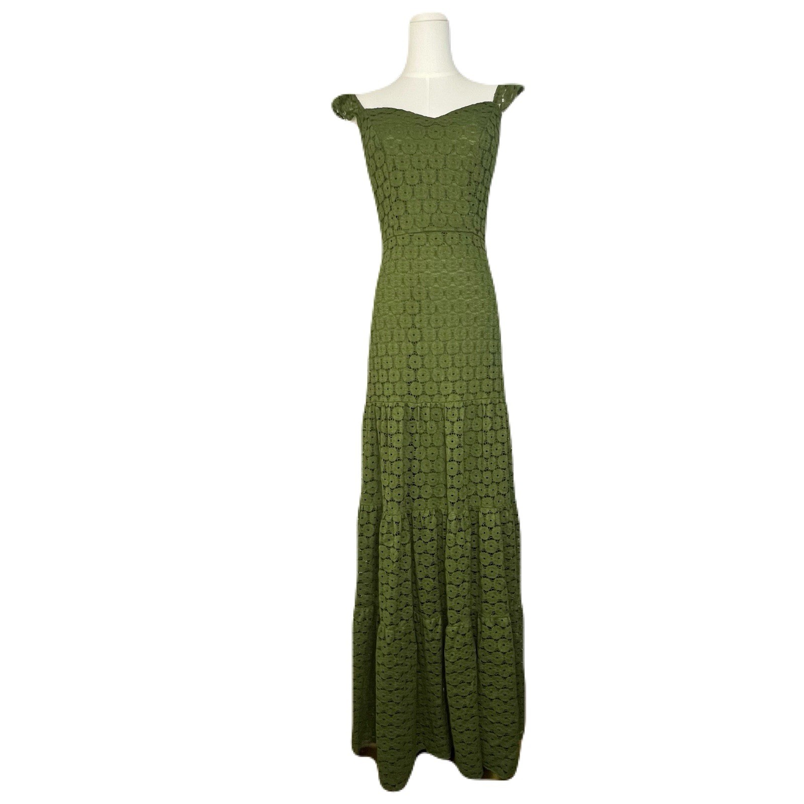Green Floral Eyelet Maxi Dress Small Feminine Romantic Retro Garden Resort Boho