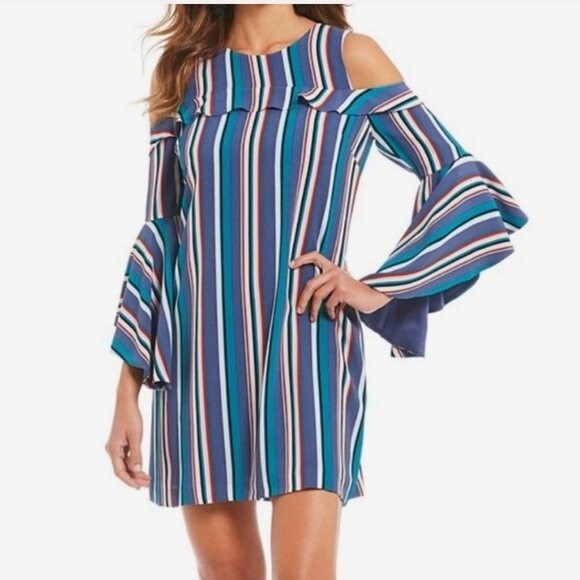 Gianni Bini Striped Dress Flutter Sleeves Cold Shoulder XS Blue Green Red White