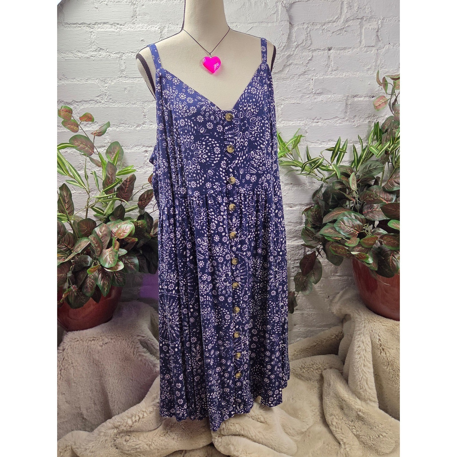 Torrid Blue White Floral Print Button Front Spaghetti Strap Mini Dress Size 5