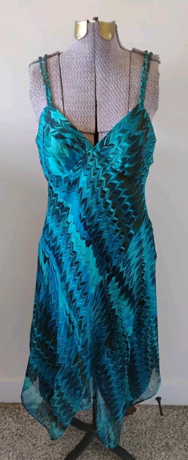 Laundry Shelli Segal Silk Dress Teal Geo Mod Boho Y2K Fairy Strappy Sexy Sz 6 EC