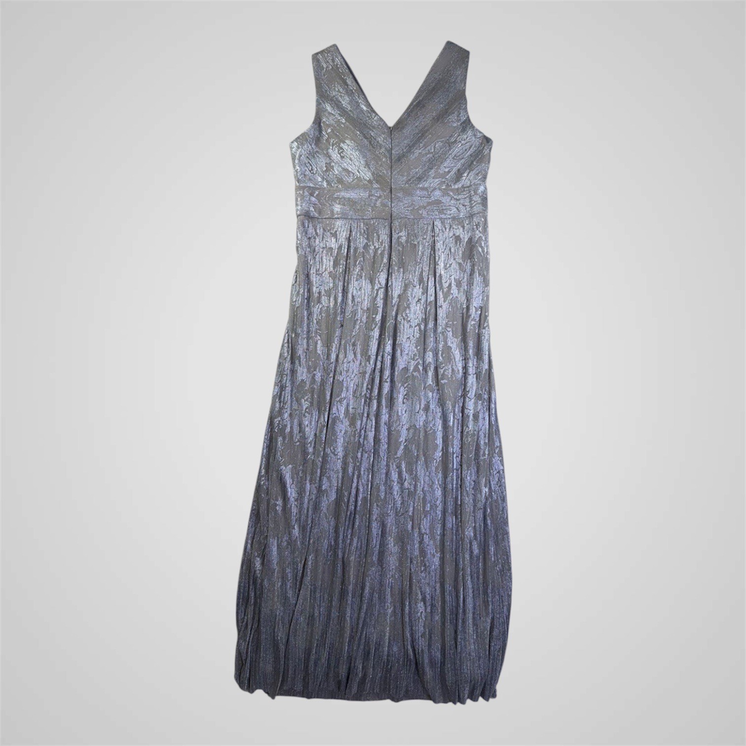 R&M Richards Silver Metallic Pleated Gown Beaded Empire Waist Formal Dress 14
