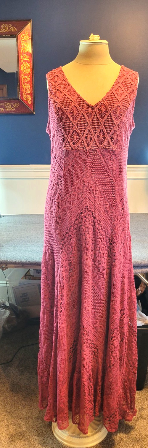 Indigo Thread Co. Womans Size Med Maxi Berry Color Crochet Lace Fairy BohoDress