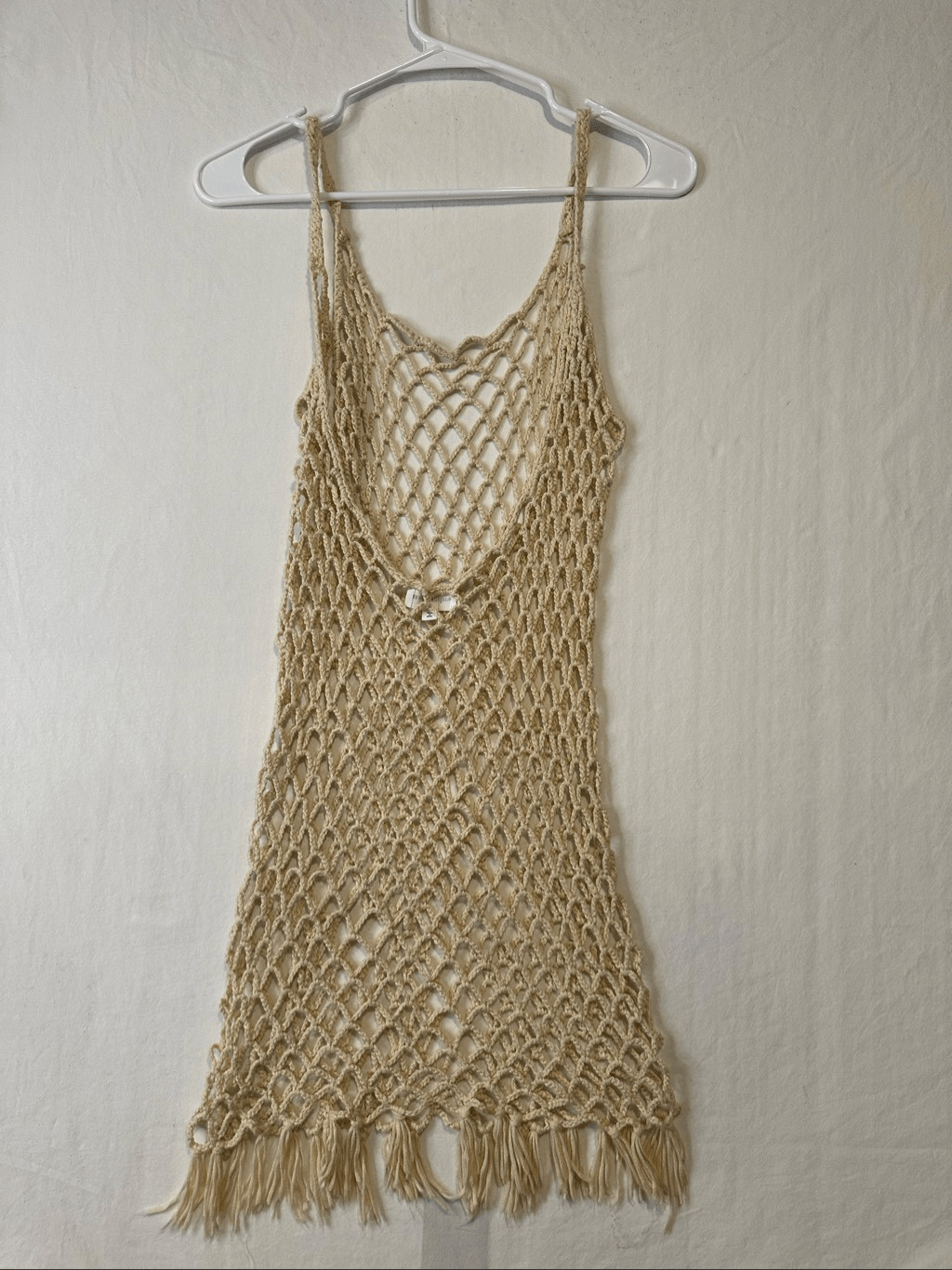 Superdown Crochet Fishnet Fringe Cover Up Dress Beige Boho Festival Beach Size S