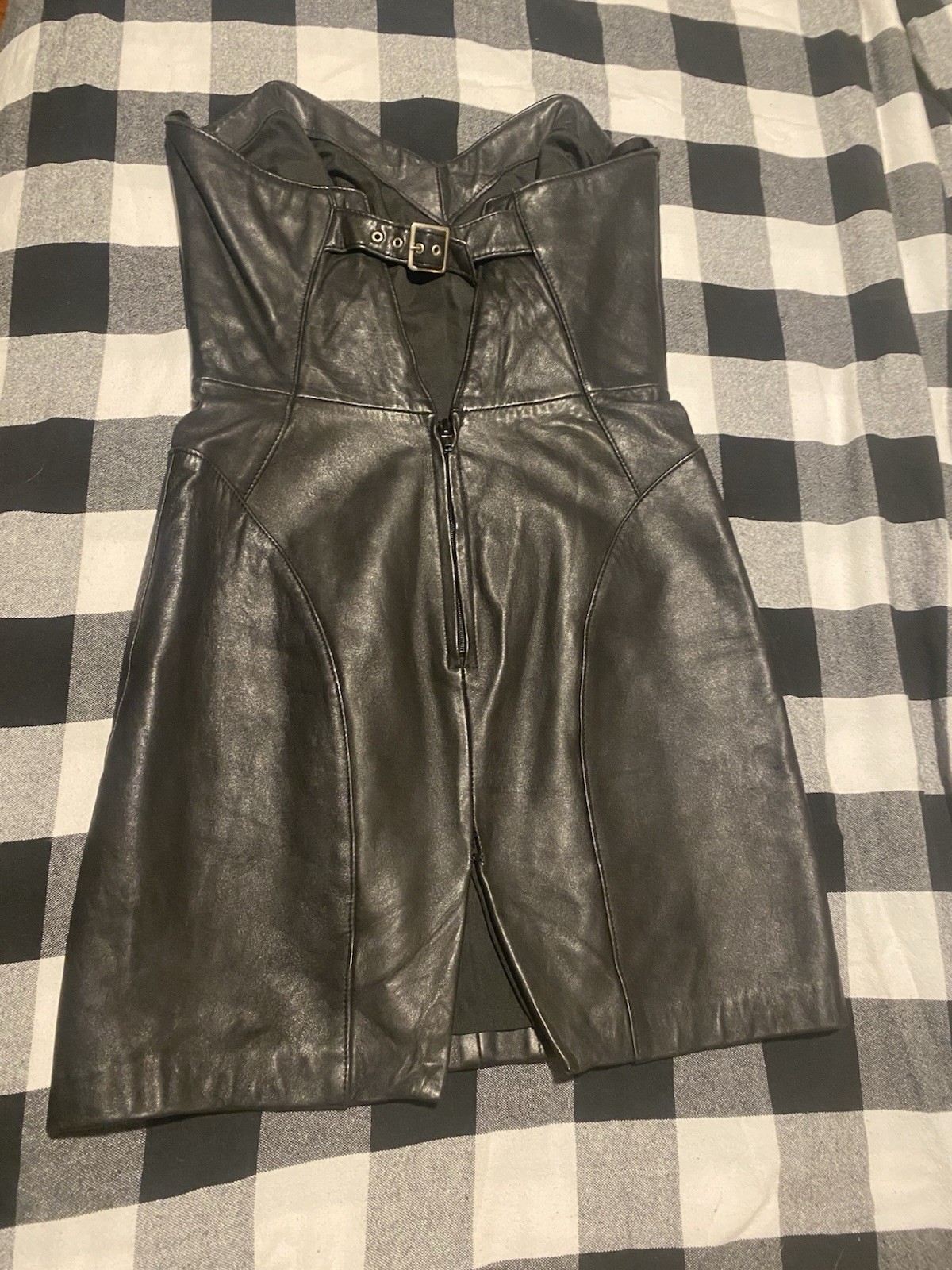 Bermans Black Leather Strapless Sweetheart Sheath Dress Knee Length Size 12