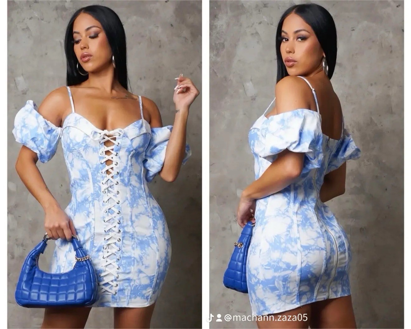Women’s Blue & White Floral Sweetheart Corset Lace-Up Puff Sleeve Bodycon Mini S
