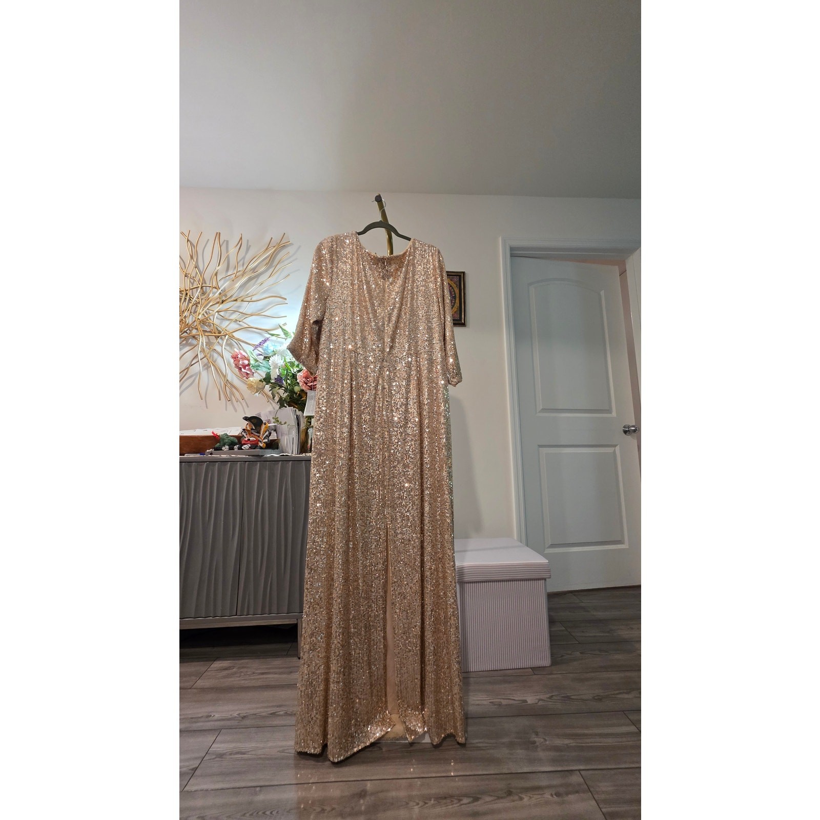 G-27 Alex Evenings Gold Sequin Gown Size 20W NWT – Elegant Wrap Bodice