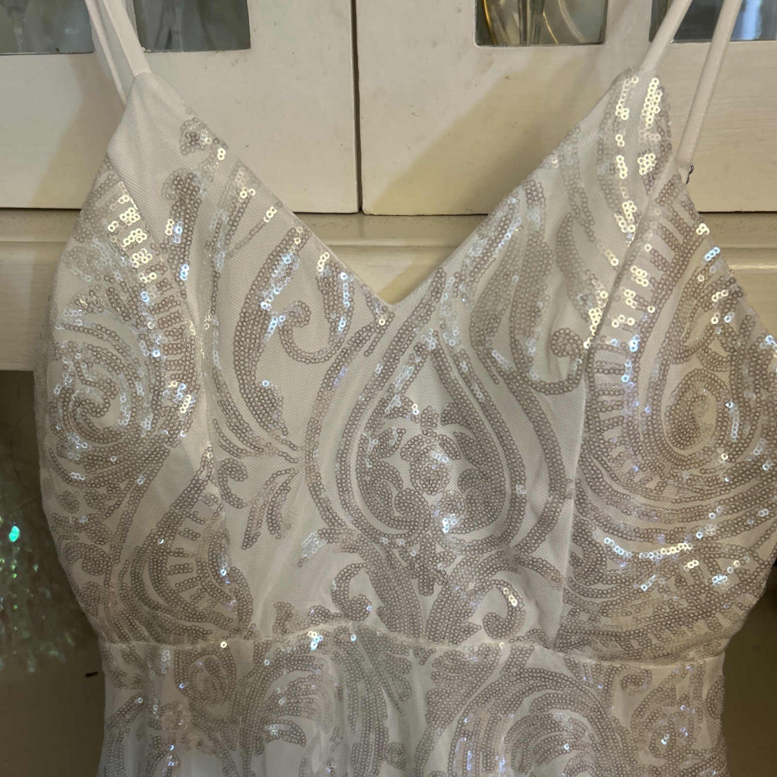 ODIZLI White Sequin Dress , Mini Zip Closure, Adjustable Straps Size M/L