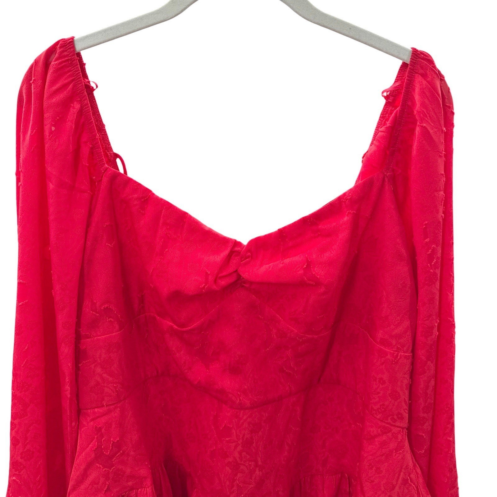 Francesca’s Red Jacquard Dress Size XL Long Sleeve Sweetheart Neck Ruffle Hem