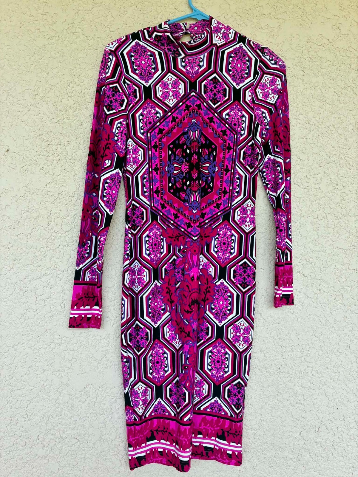 NEW Venus Pink Purple Geometric Damask Medallion Mock Neck Bodycon Dress Size S