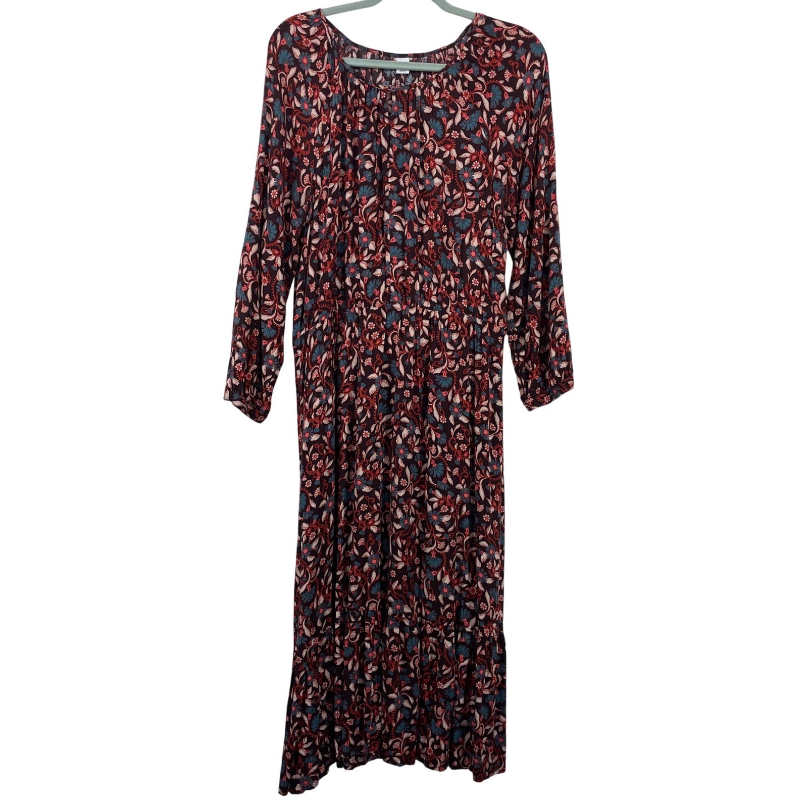 Old Navy Womens L Maxi Dress Burgundy Floral Paisley Boho Long Sleeve Relaxed