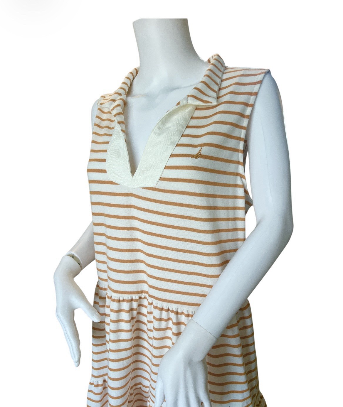 Nautica Knit Dress Women’s XL Tiered Almond Ivory Stripe Pockets Beach Dress
