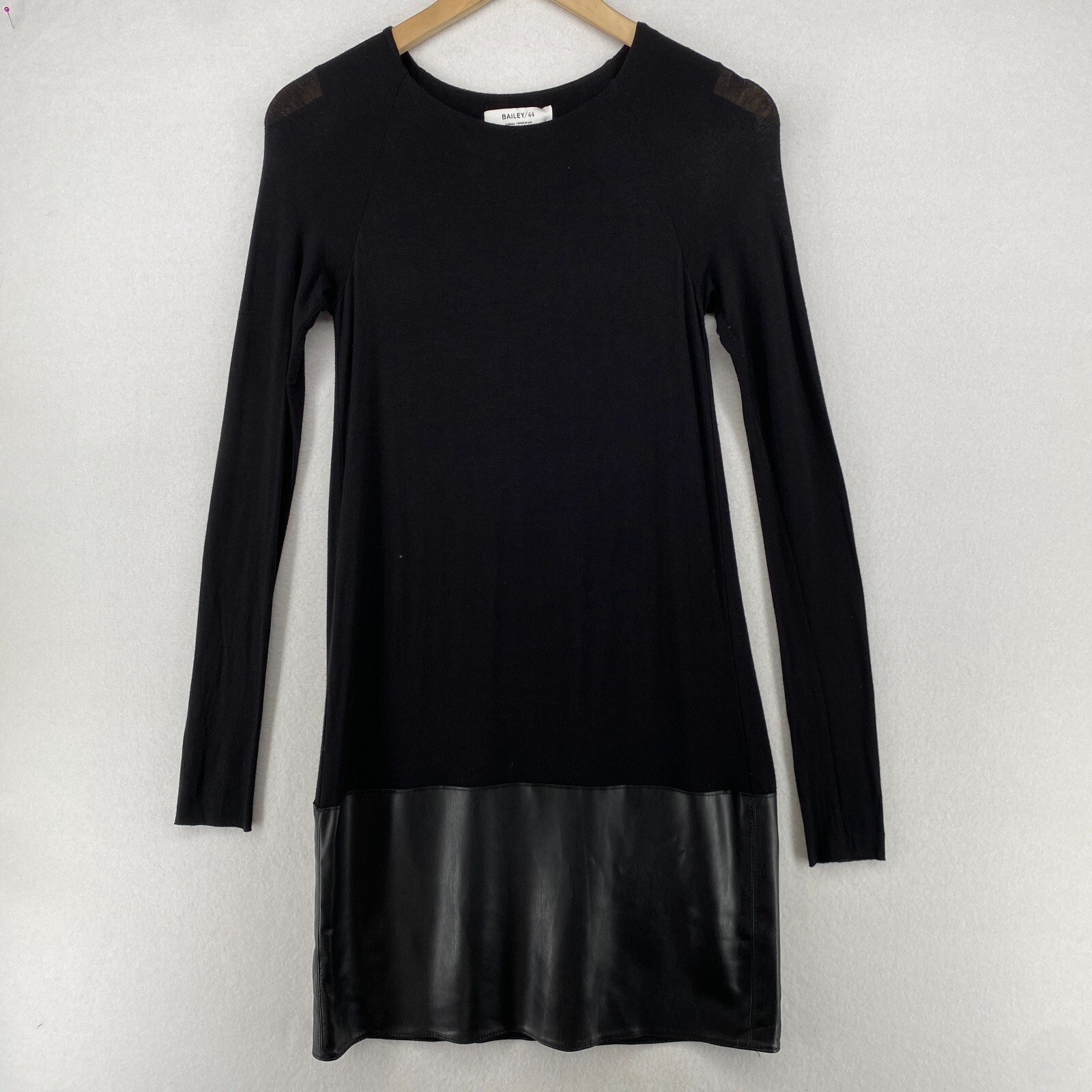 BAILEY 44 Dress XS Trystan Bodycon Shift Long Sleeve Faux Leather Trim Black USA
