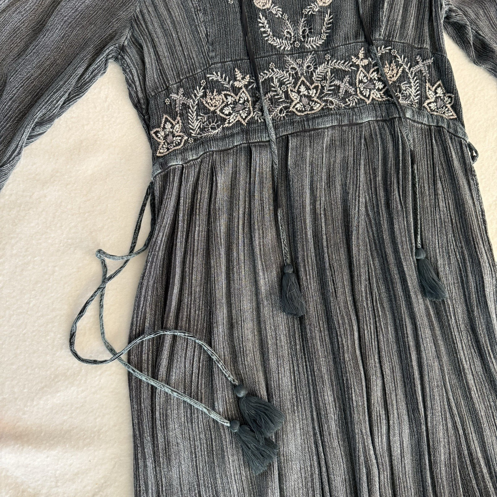 Sweet Magnolia Embellished Boho Prairie Beaded Maxi Dress Size Large Gray Teal