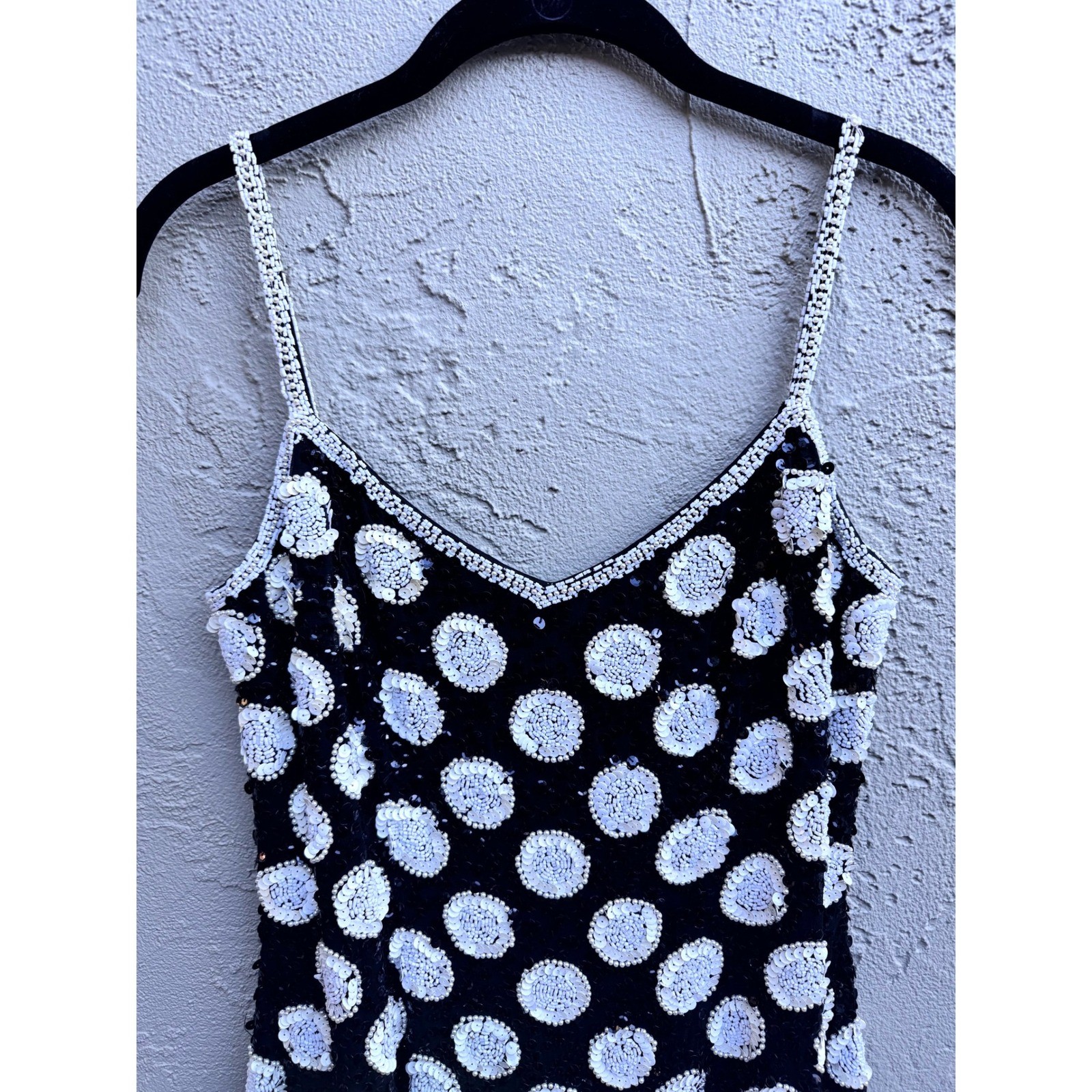 Vintage Oleg Cassini Black White Sequin Polka Dot Mini Dress SZ 8 Formal Party