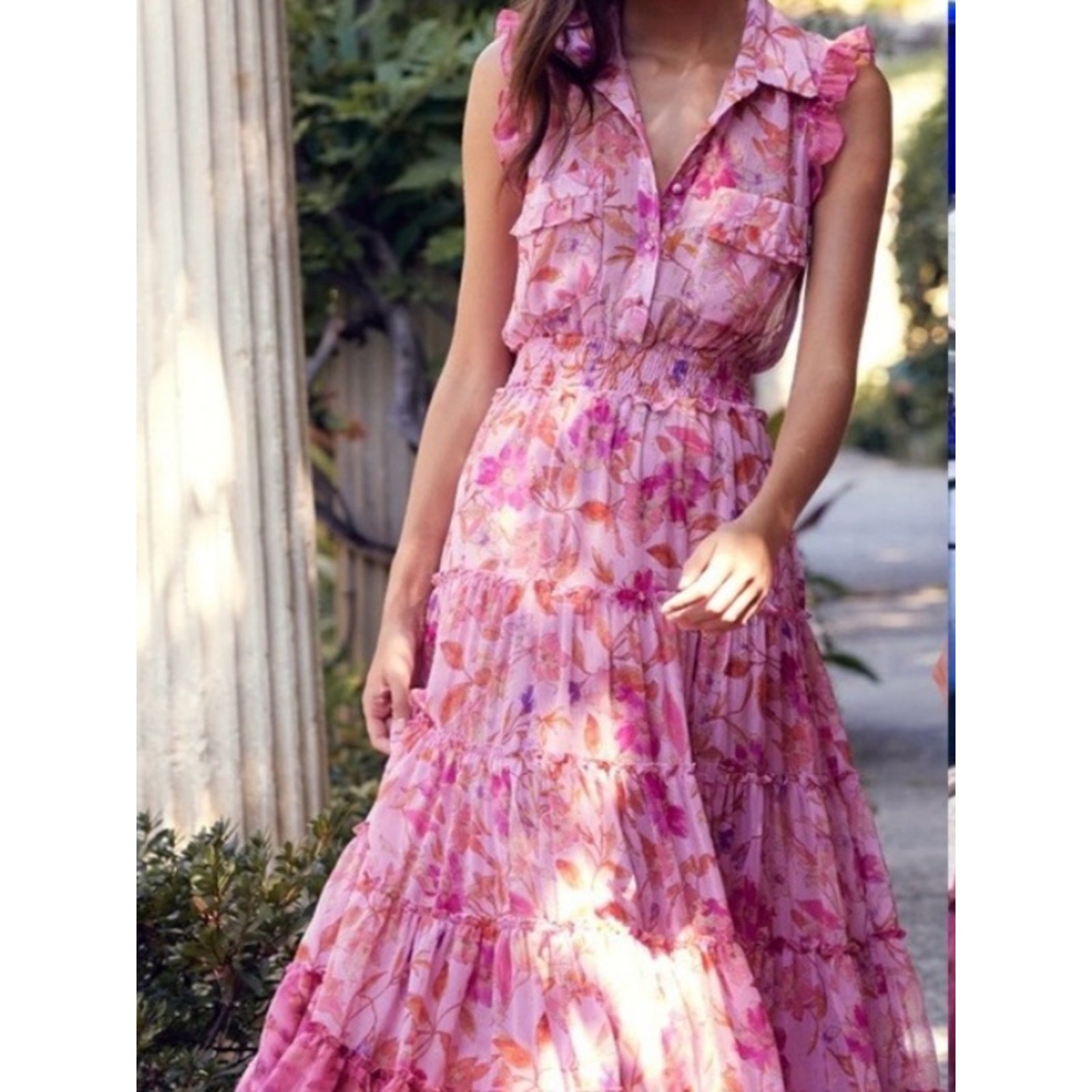 MISA Los Angeles EUC XL Pink & Coral Floral Maxi Dress w/ Gold Detailing tiered