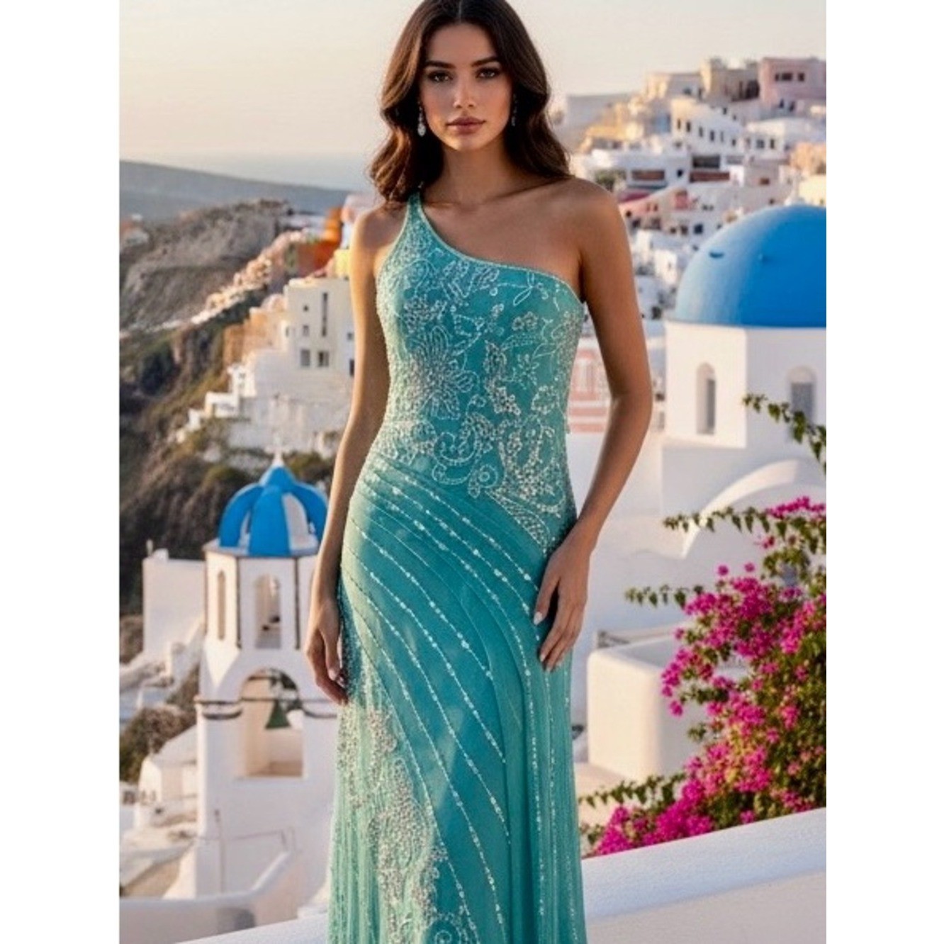 One-Shoulder hand beaded aqua Evening Gown stretch fabric attitudes by Debra