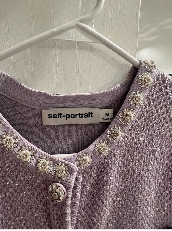 Self-Portrait Lilac Sequin Embellished Knit Button Mini Dress Lavender Sz Med