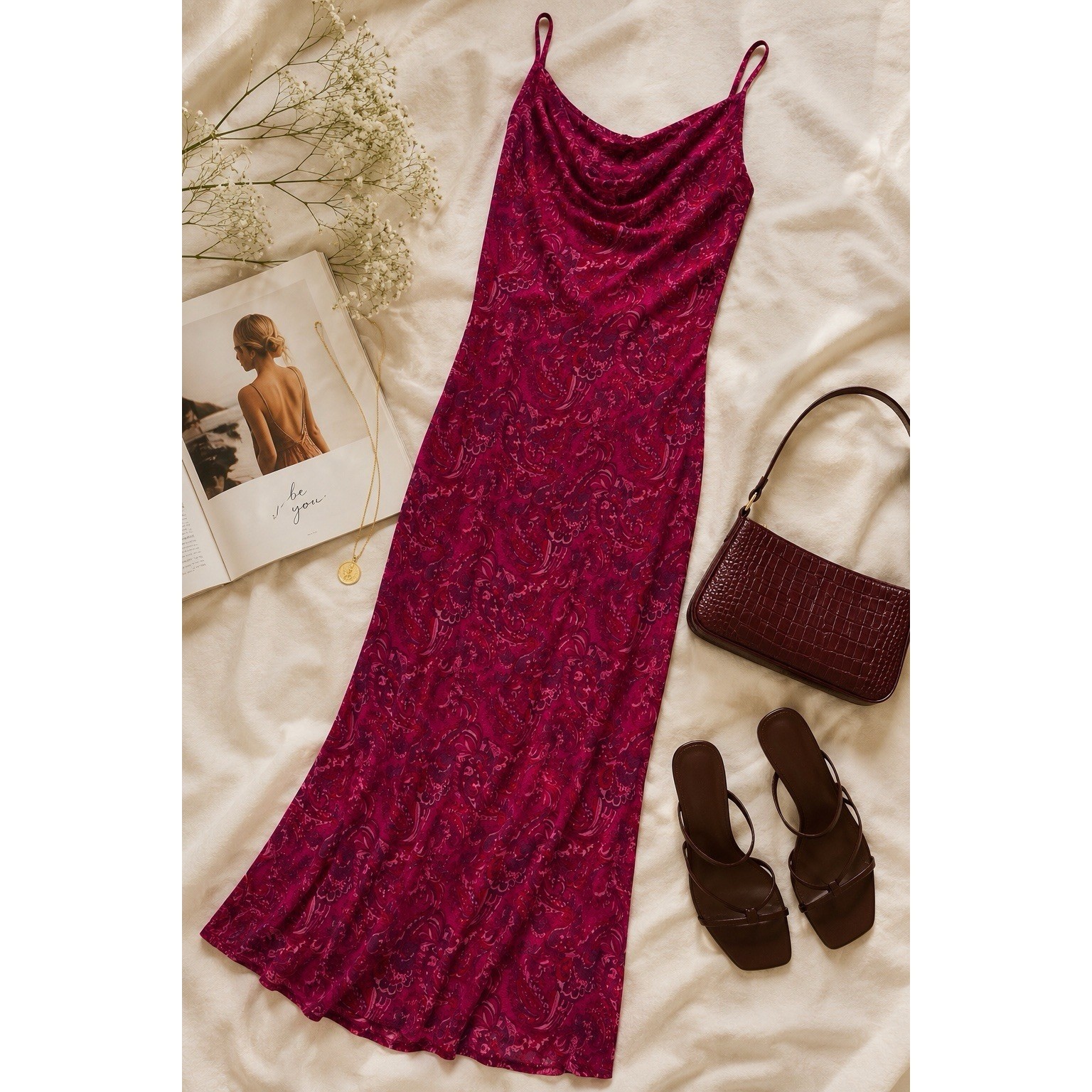 Vintage Y2K Fuchsia Paisley Slip Dress Maxi Dress Cowl Neck Bias Cut USA 11/12