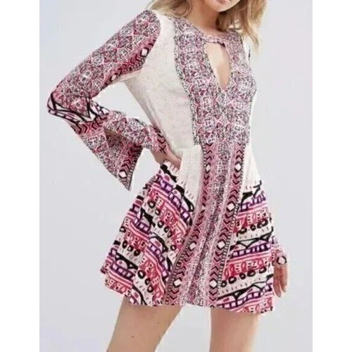 Free People Teagan Cut Out Mini Dress Women 6 Pink Geometric Boho Bell Sleeve