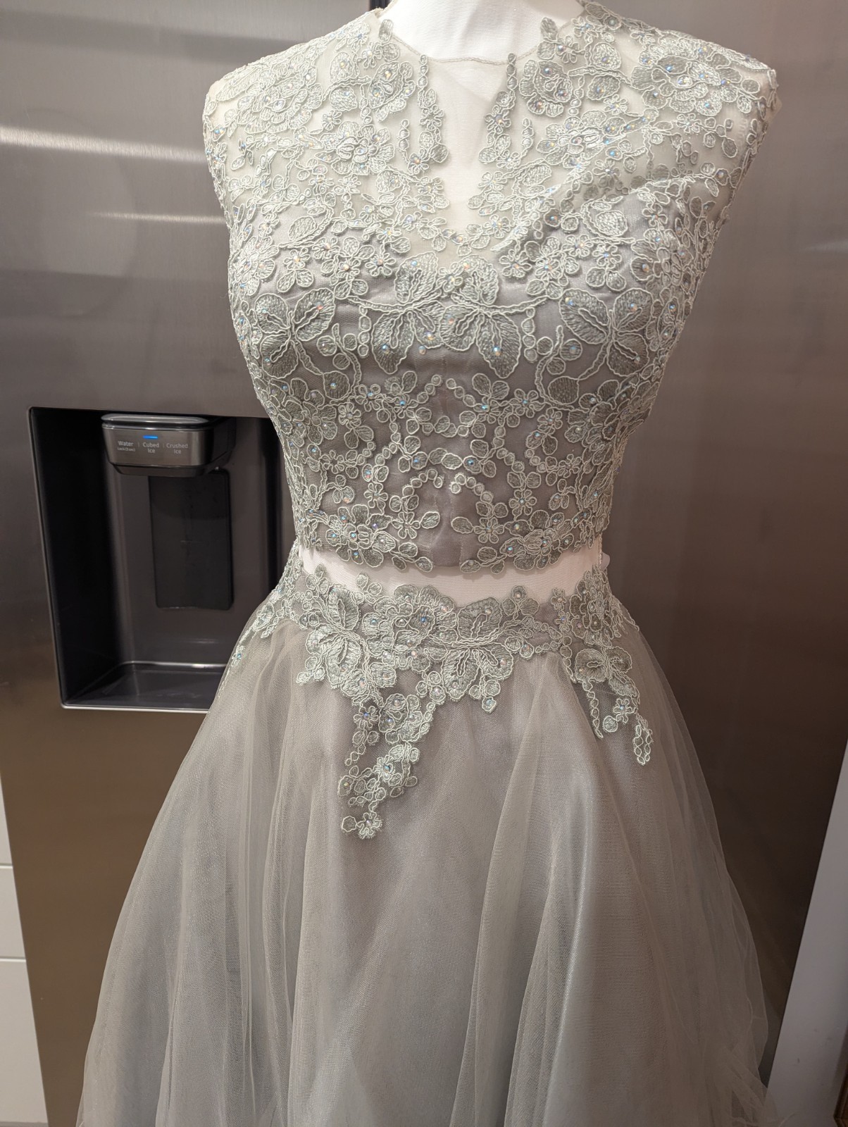 May Queen Size 12 Gray Beaded Embroidered Tulle V-Neck A-Line Knee Dress