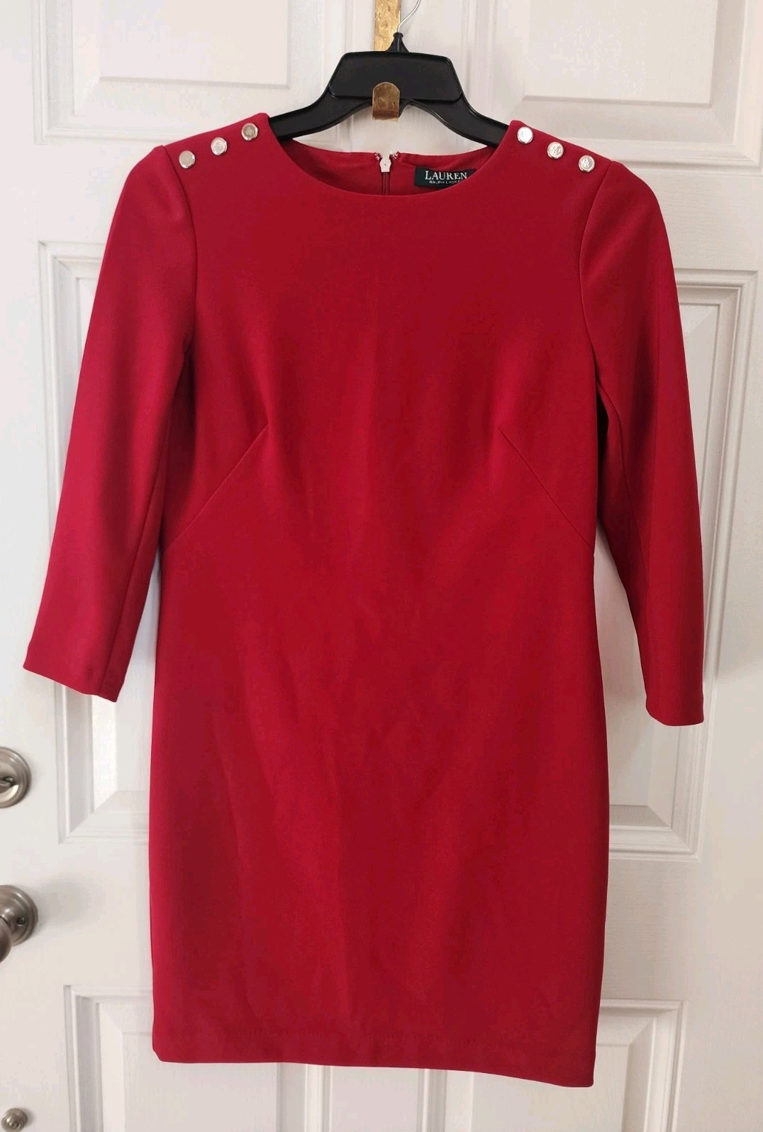 RALPH LAUREN Red Logo Button Round Neck Long Sleeve Stretch Sheath Dress Sz 8