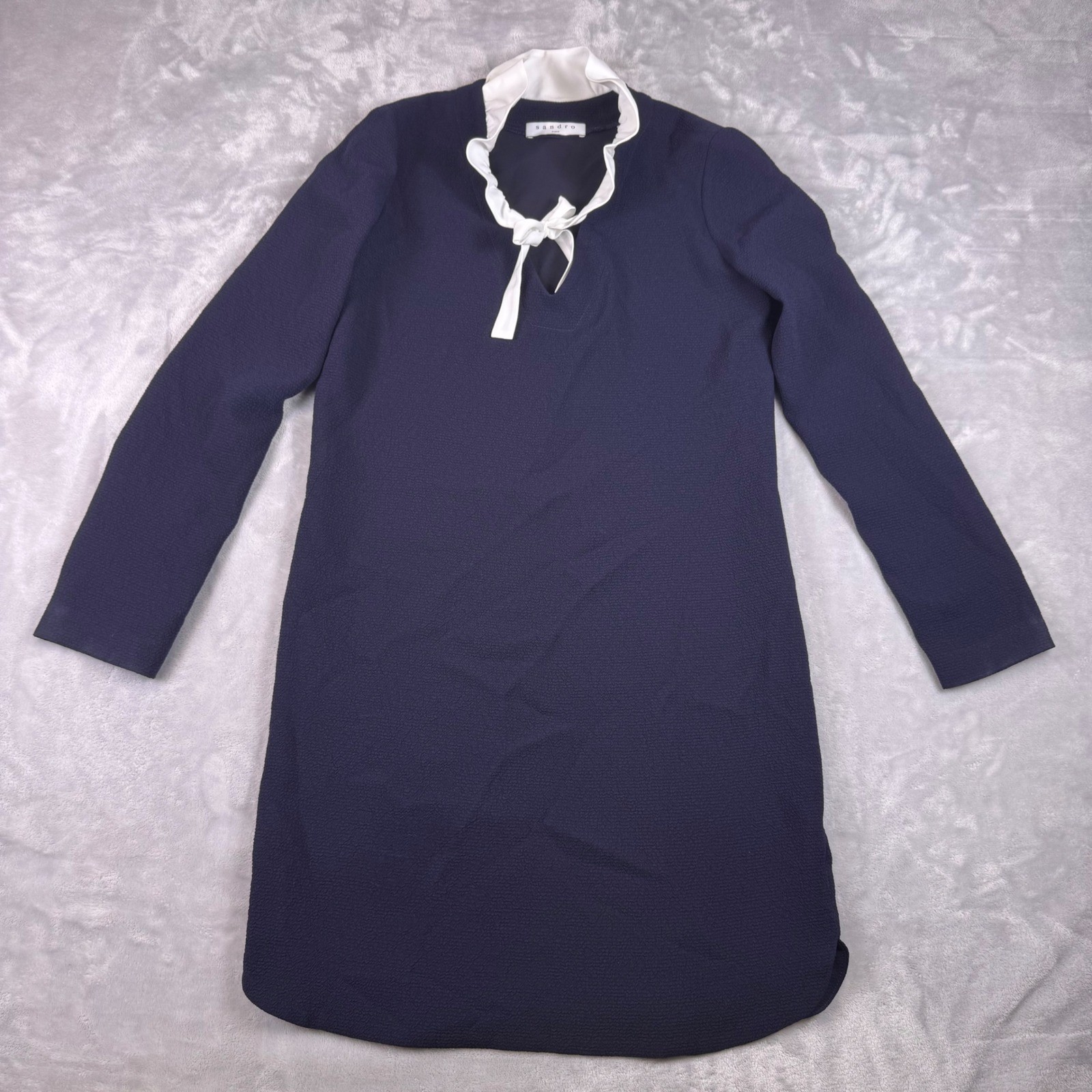 Sandro Ellen Ruffle Collar Dress Size 1 S Navy Textured Crepe White Ruffle Tie