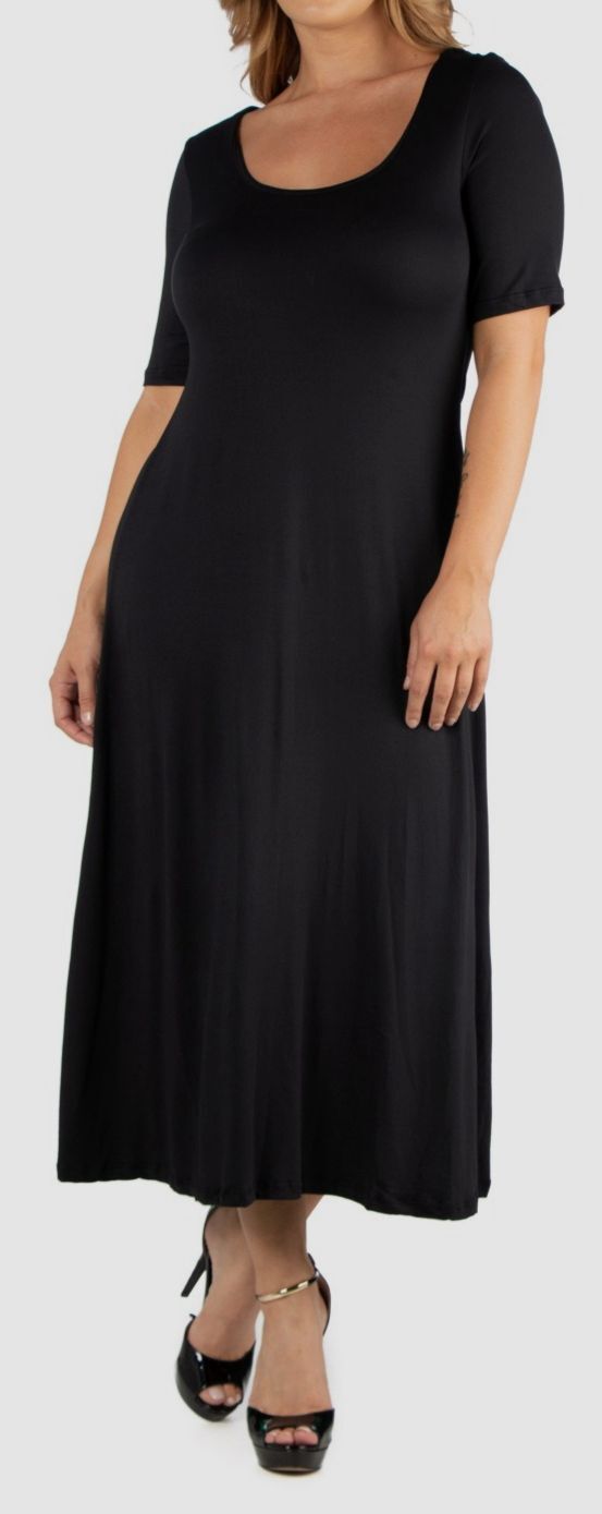 24seven Comfort Apparel Women’s Black Elbow-Sleeve Casual Maxi Dress Size 2X
