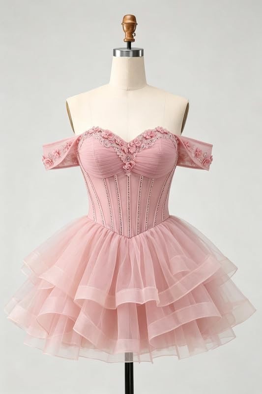 3D Floral Tulle Homecoming Dresses Short Beaded DAMA Dresses for Quinceanera