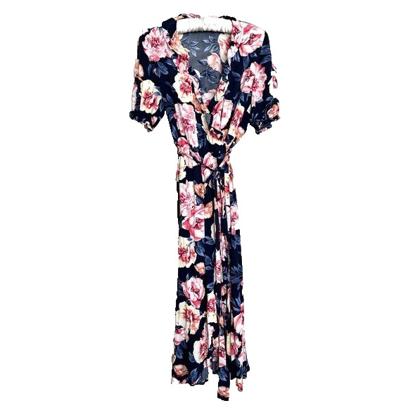 Coquette Hyper Feminine Waist-Defined Ruffle Tie-Belt Wrap Dress Navy Floral XS