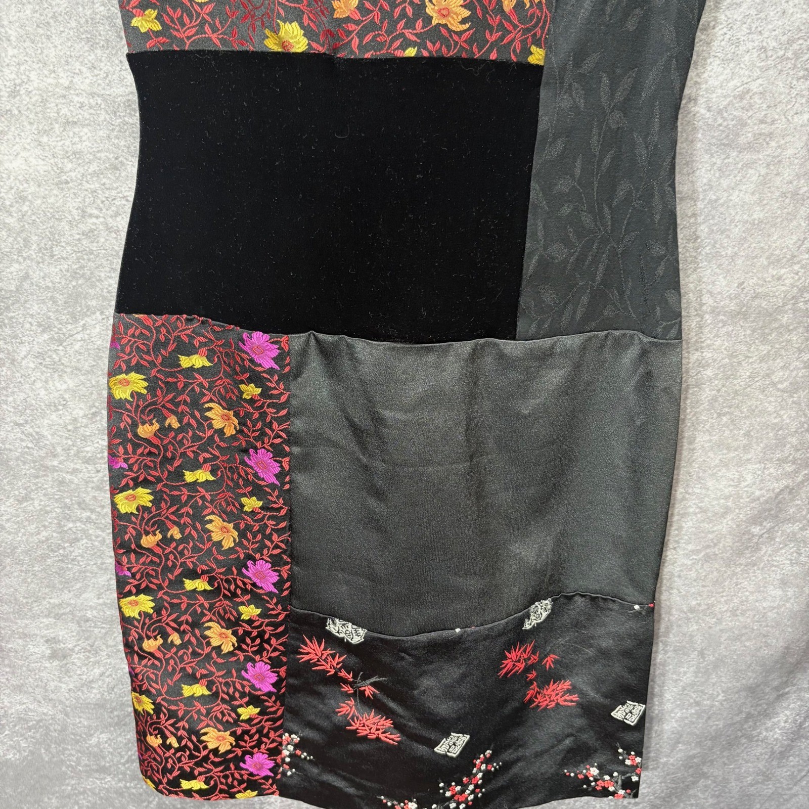 Vintage David Warren Asian Floral Satin Velvet Patchwork Sheath Dress Size 6