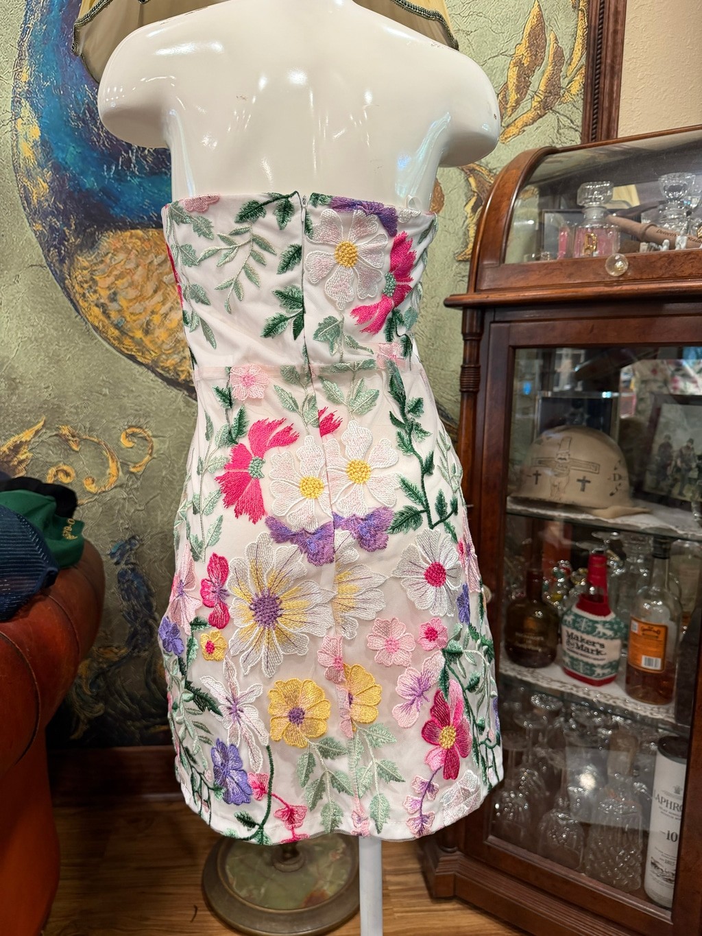 Floral Embroidered Lace Mini Dress Size S Strapless Colorful Mesh Overlay Weddin