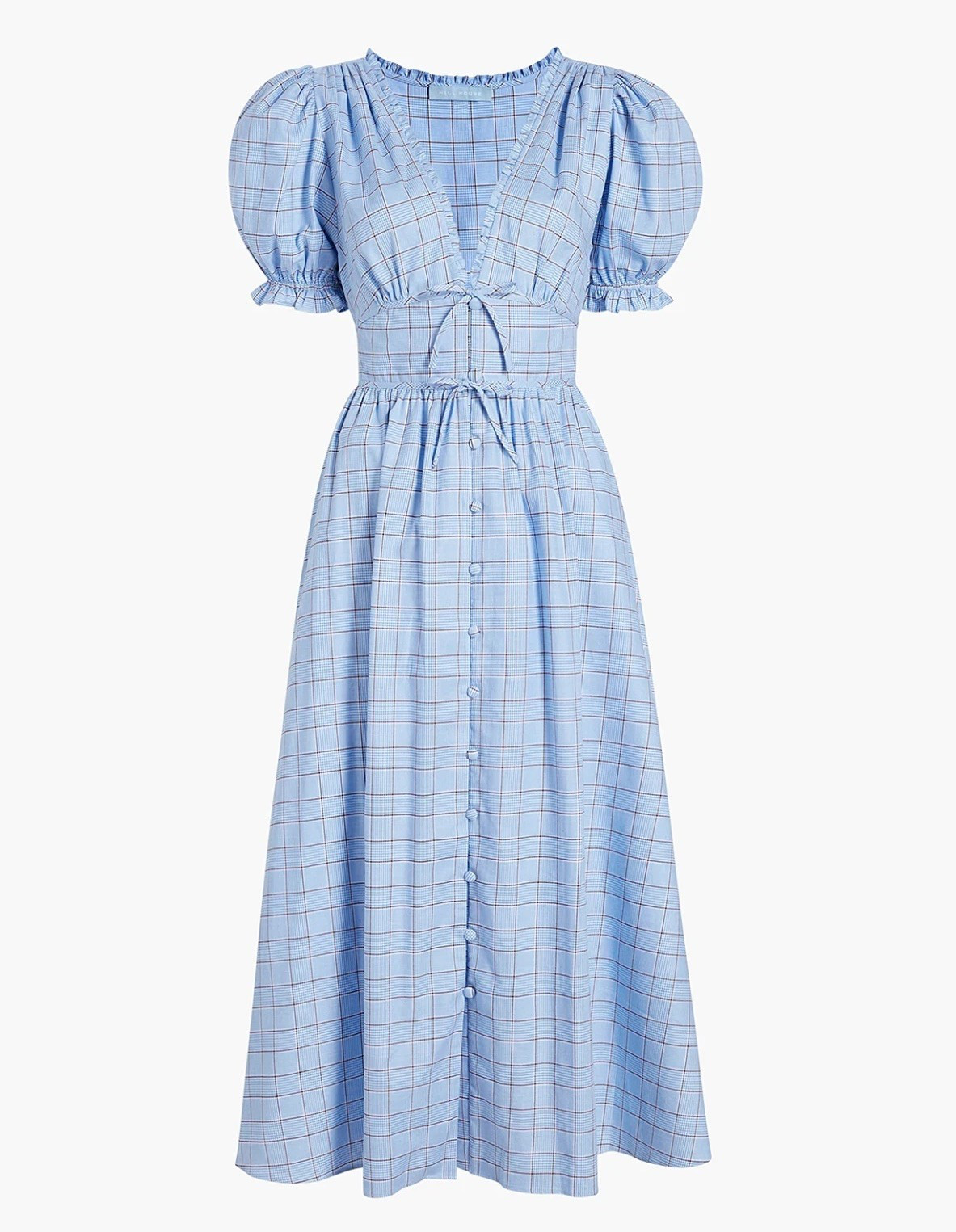 HILL HOUSE XS Sabrina Womens Dress Blue Diana Check Puff Short Sleeve Midi