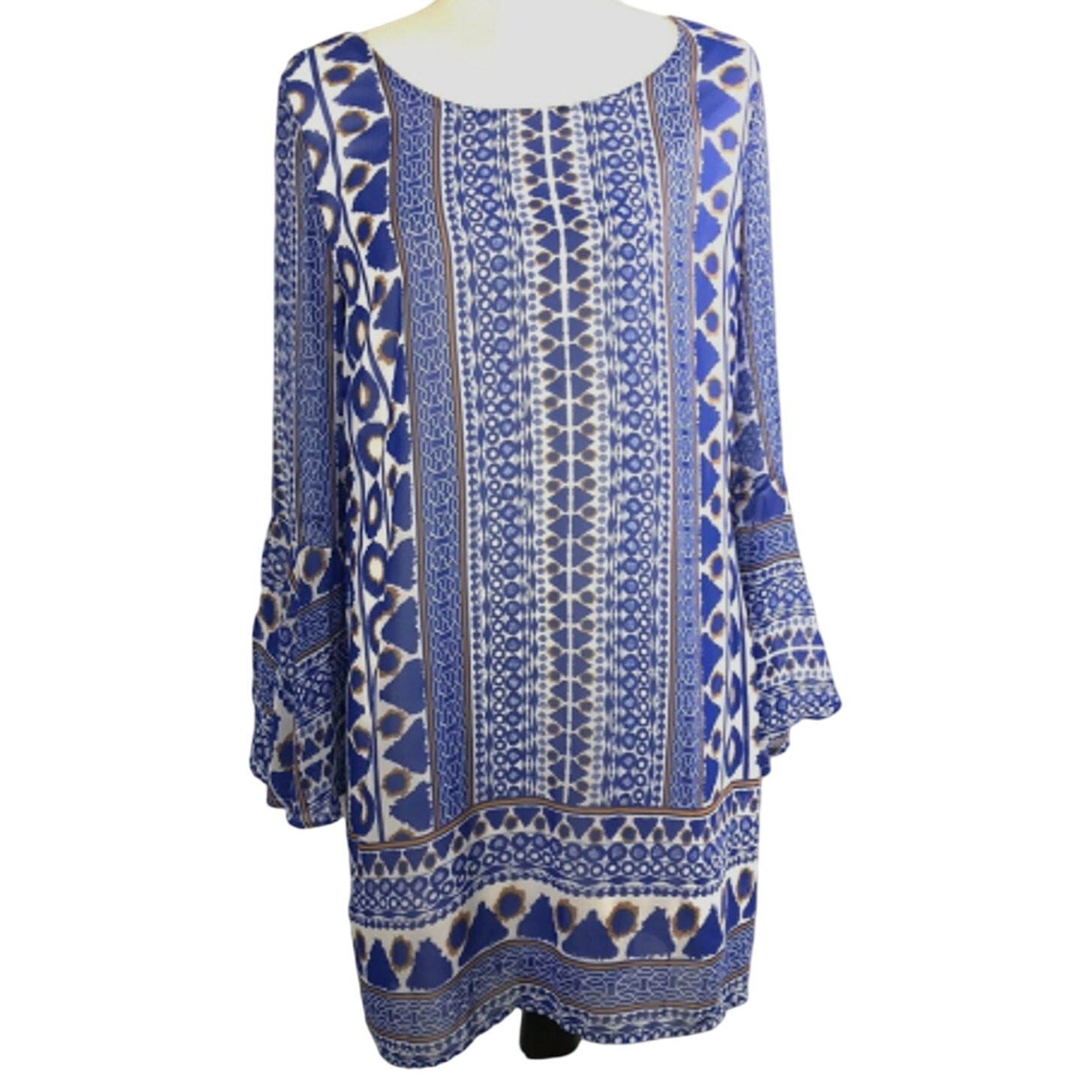 Pink Owl Dress Womens Medium V Back Blue Flounce Sleeve Retro Boho Sheer