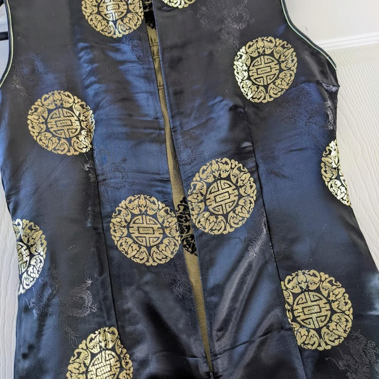 Kleem-T Qipao Cheongsam Dress Black Gold Silk Blend XL