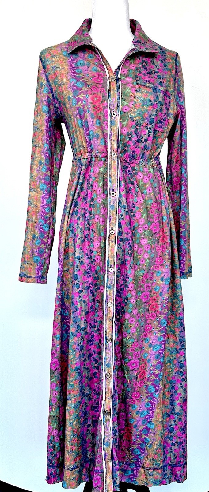 Button Down Brushed Cotton Knit Floral Dress LS NWT Raw Seam