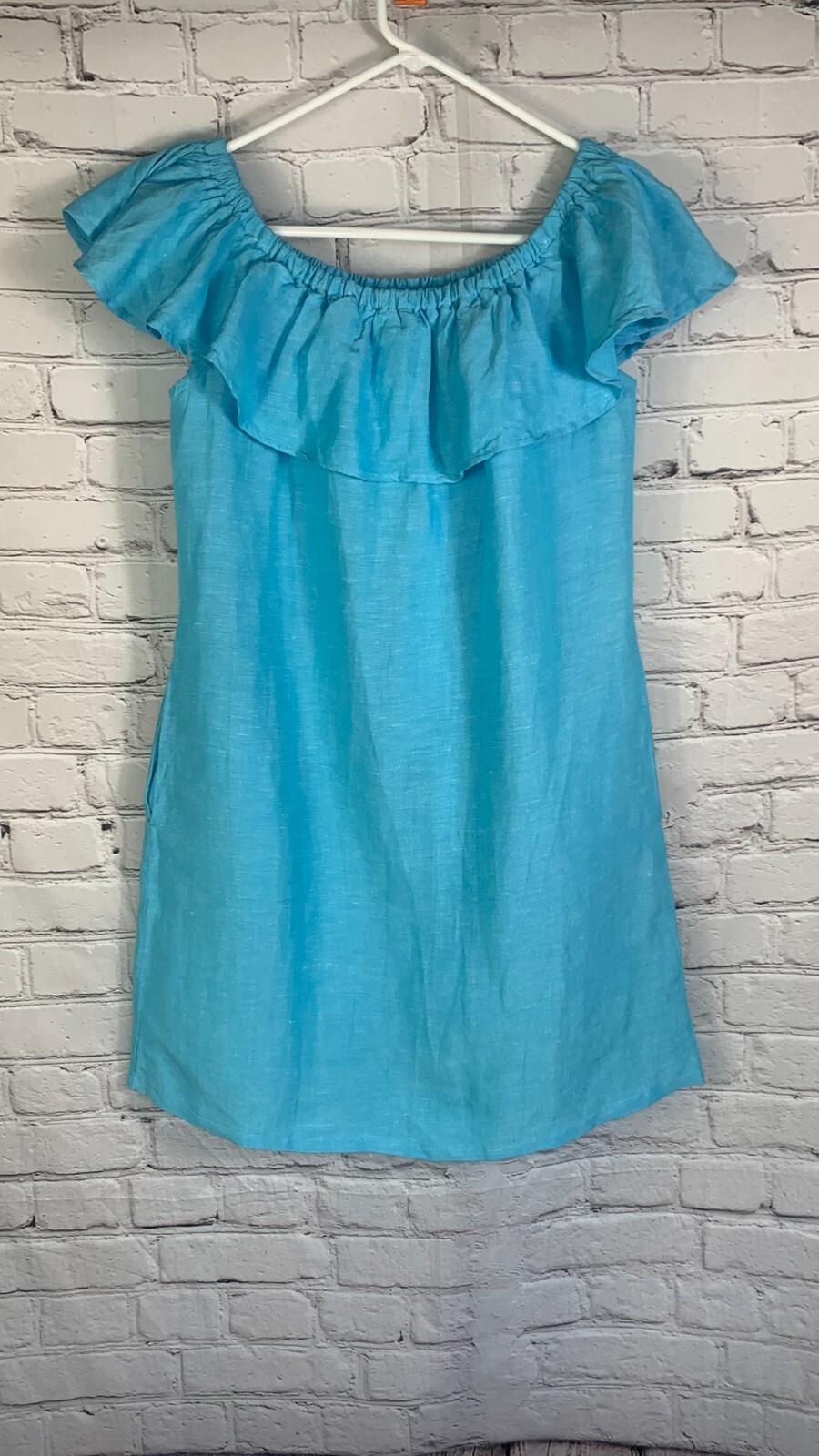 NEW Tommy Bahama Blue Linen Blend Off Shoulder Dress with Pockets Size XS