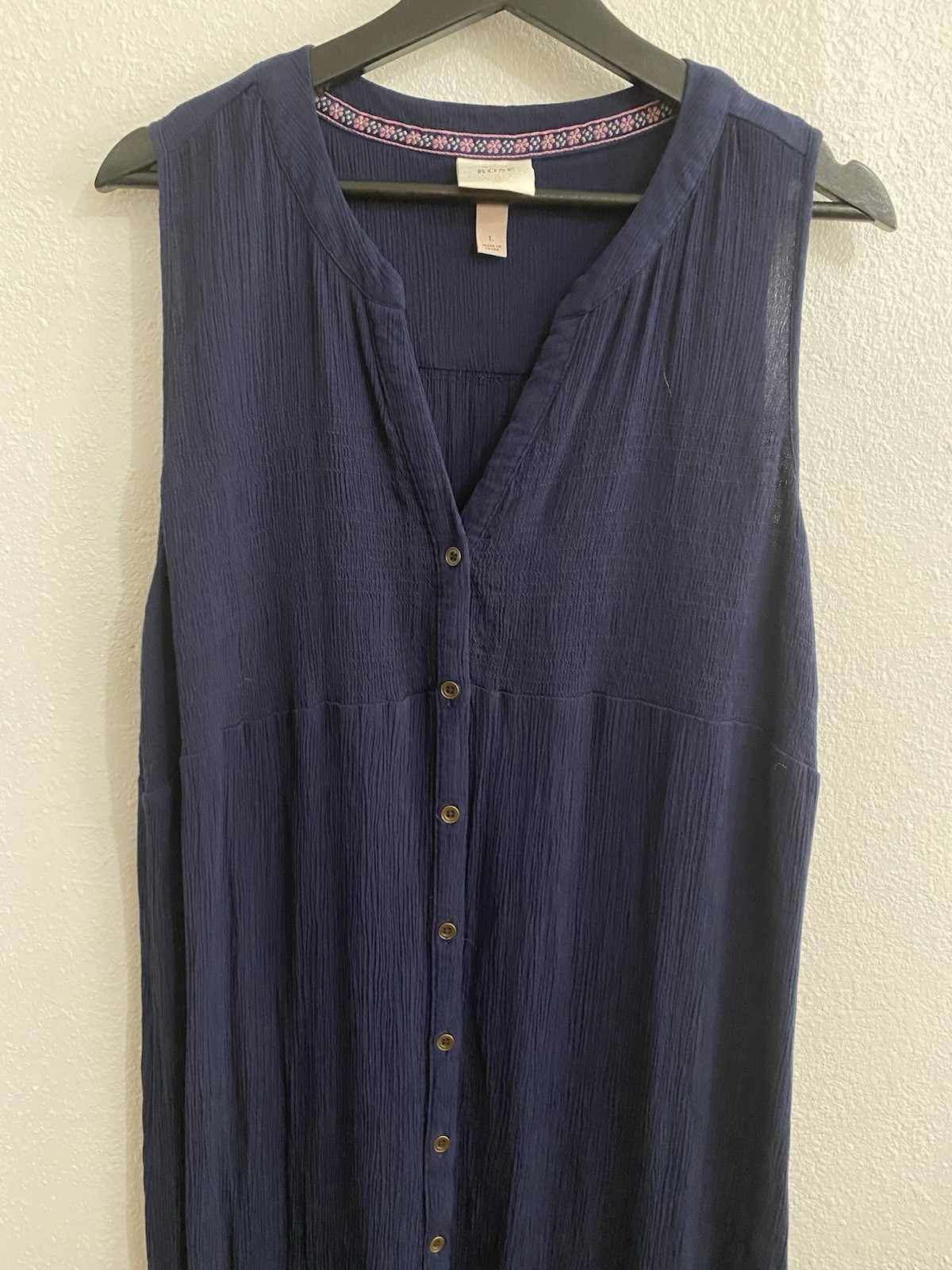 Knox Rose Crinkle Crepe Button Front Navy Blue Tank Dress L V-neck Excellent L31