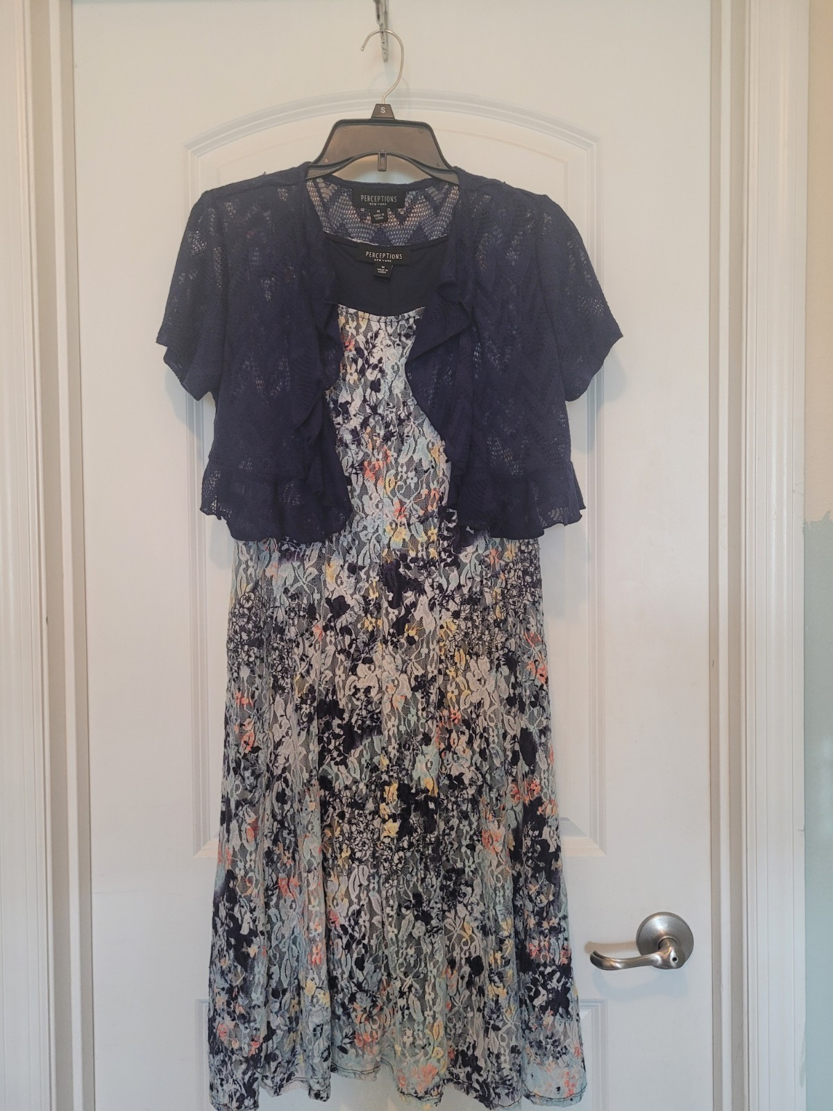 Perceptions New York 2 Piece Floral Print Dress & Navy Cardigan in Size Medium