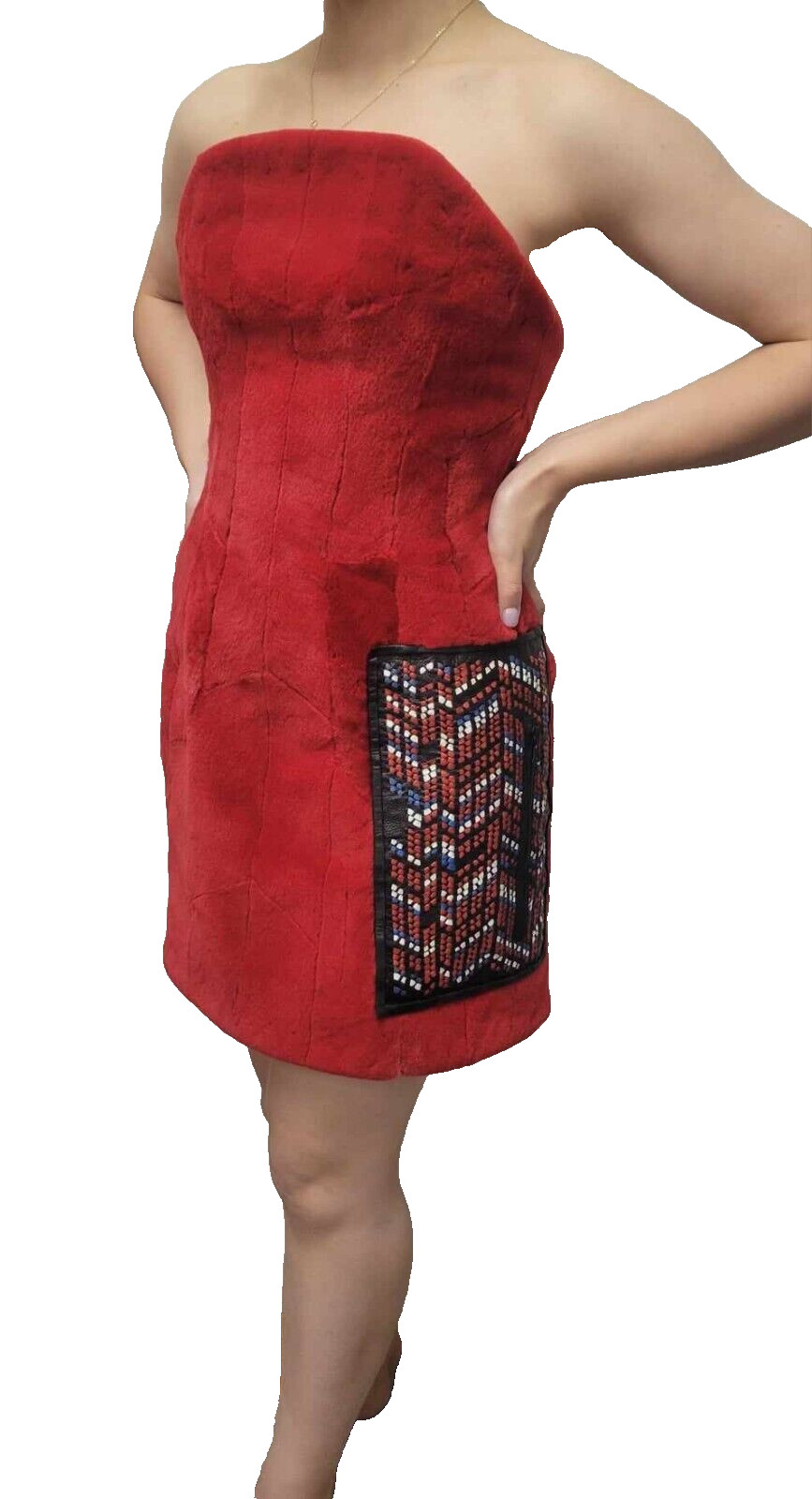 Vintage Red Shearling Fur Strapless Mini Dress w/ Beaded Leather Pocket Size M