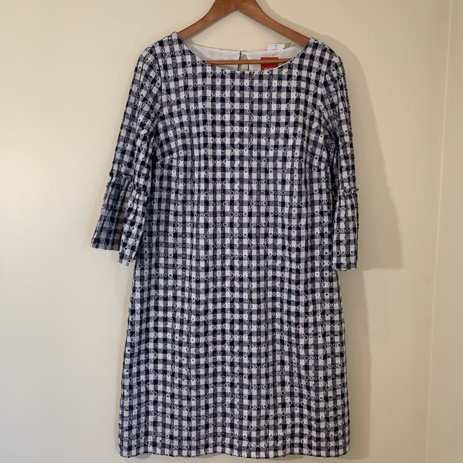 Melrose Midi Dress Womens 10 Blue Gingham Eyelet Classic Preppy Cottagecore