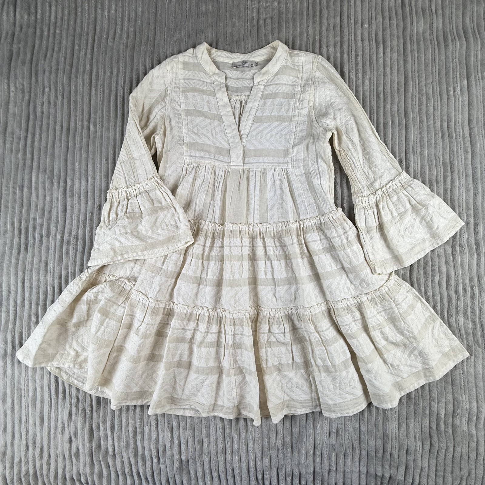 Devotion Twins Mini Dress Womens XS Cream Anthropologie Tiered Ella Bell Sleeve