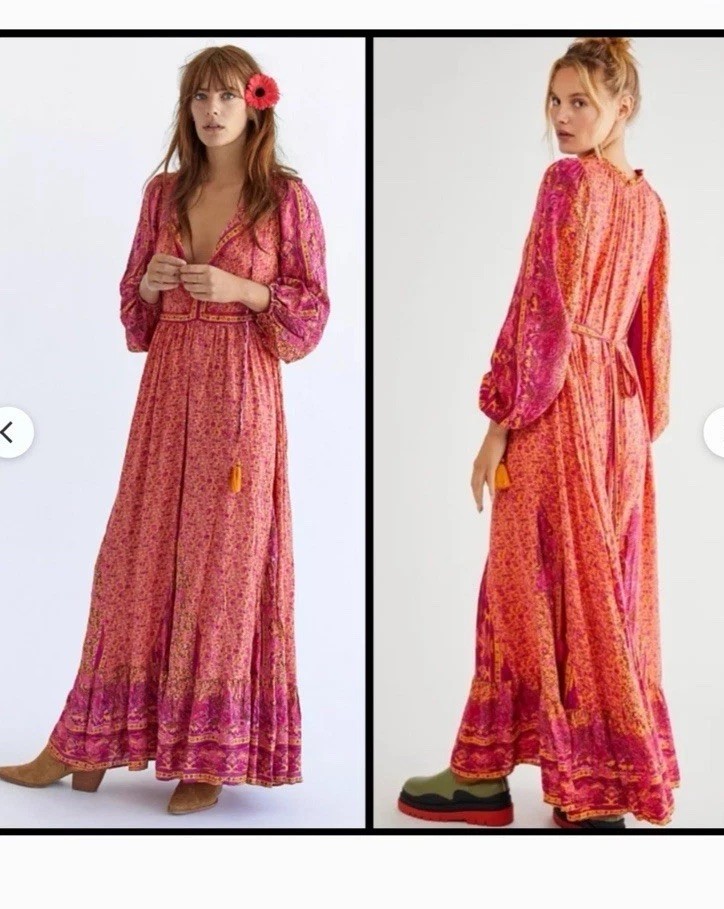 Free People Women’s Sz XL Happy Feelings Maxi Dress Peasant EUC Pink/Orange
