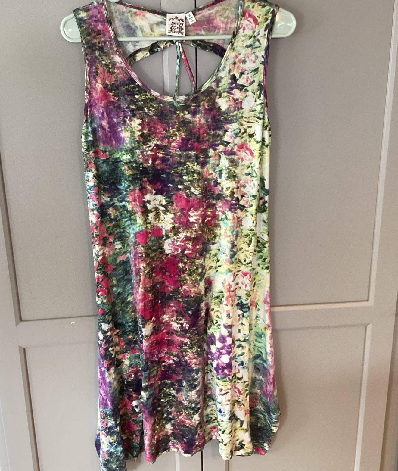 Parsley & Sage Rayon Blend Watercolor SleevelessTie Back Cut out Dress S